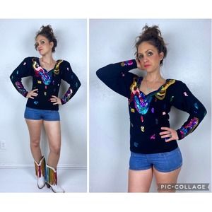 vintage 80s  RAINBOW SEQUINED Cache SWEATER Small colorful disco glam knit wool